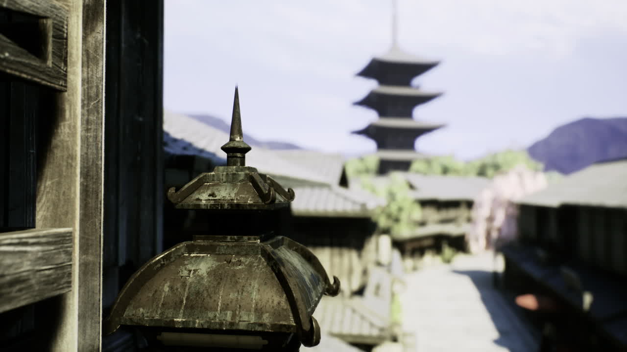 Historic street with traditional architecture and pagoda in the background