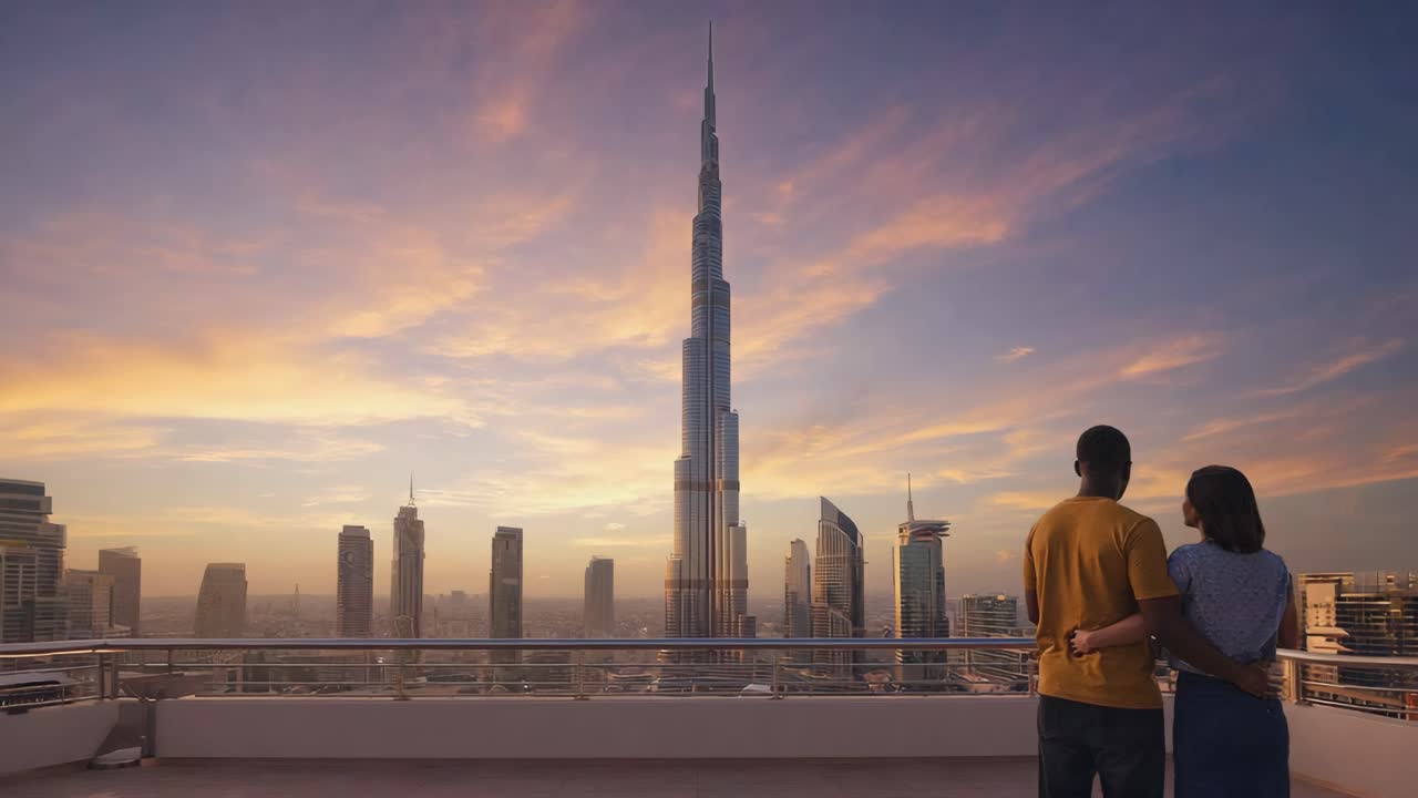 Couple enjoying the view of Dubai skyline at sunset