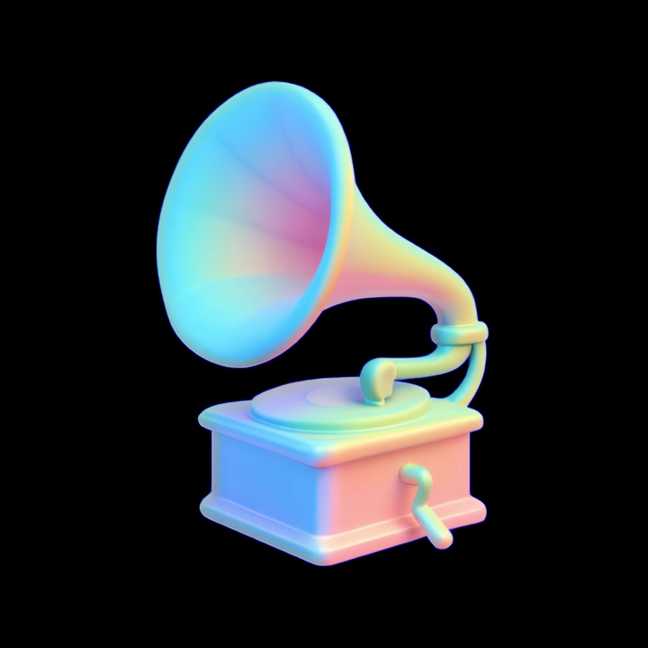 3D Render of a Holographic Gramophone Rotating on Black Background