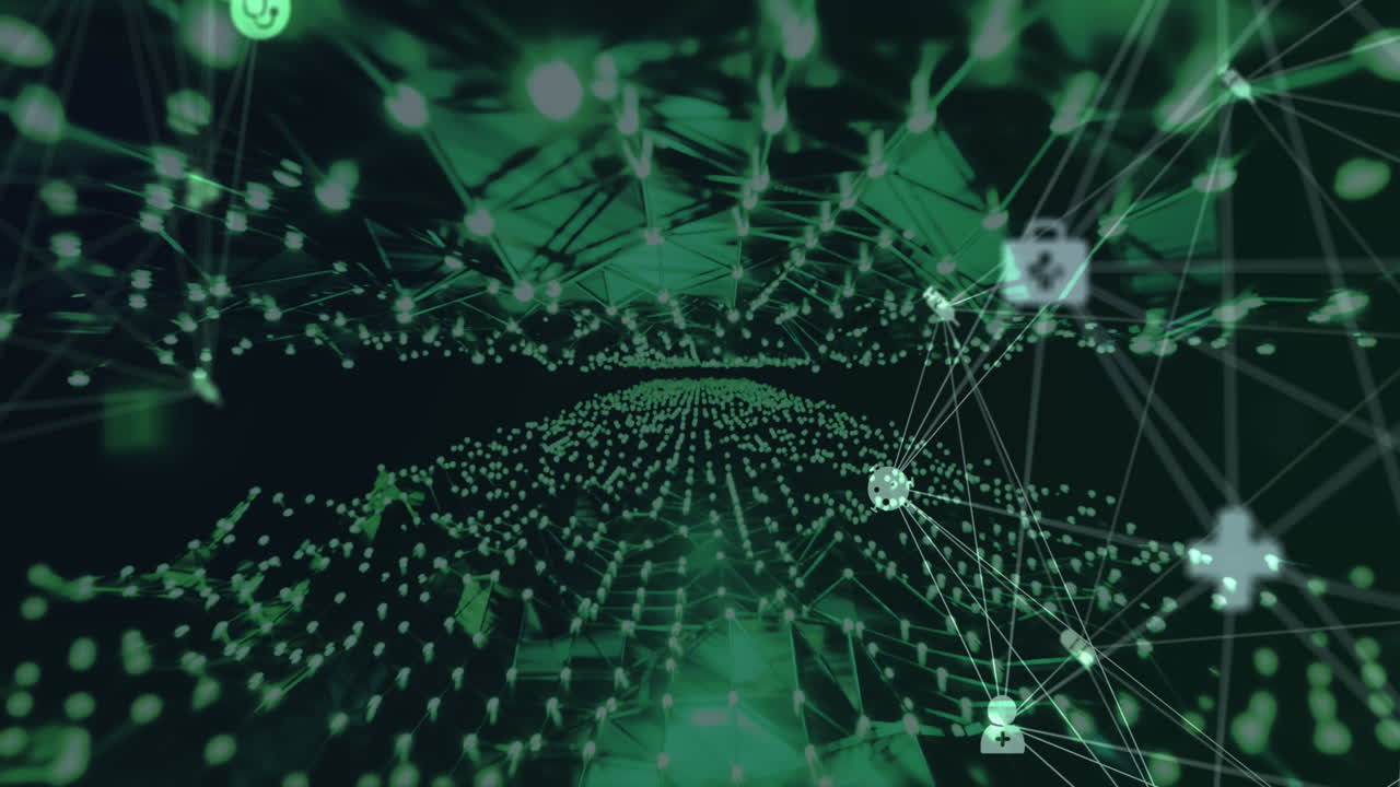 연결된 모양의 그리드 위에 있는 미디어 아이콘의 네트워크와 검은색에 빛나는 데이터 조명