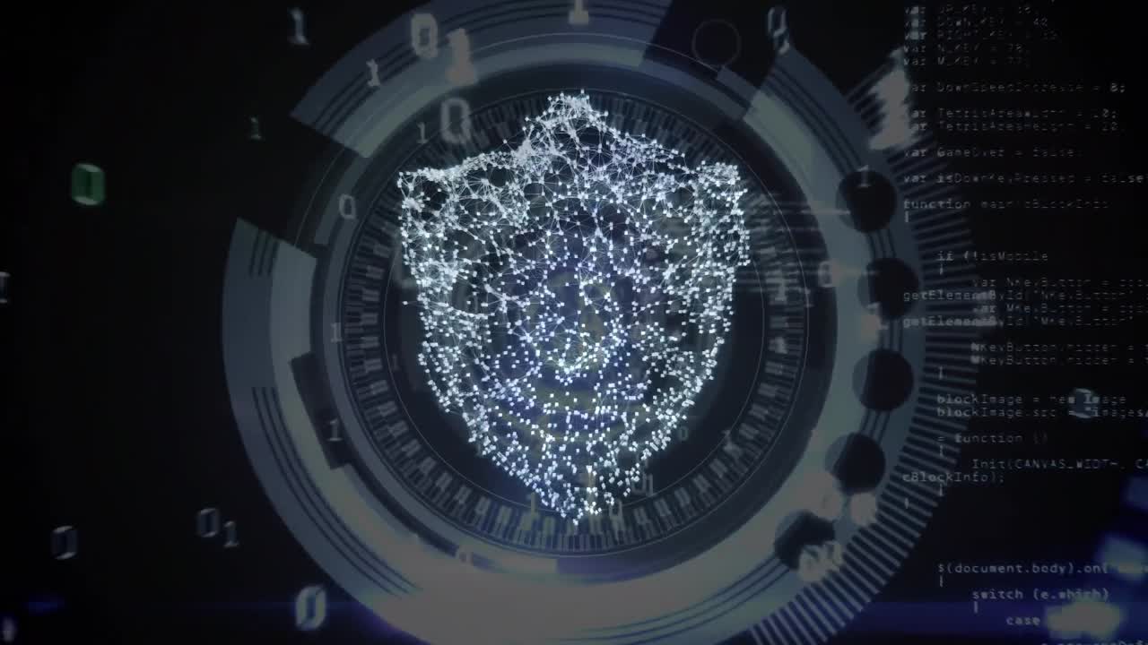 animación de escudo digital sobre fondo negro con círculos giratorios y código binario