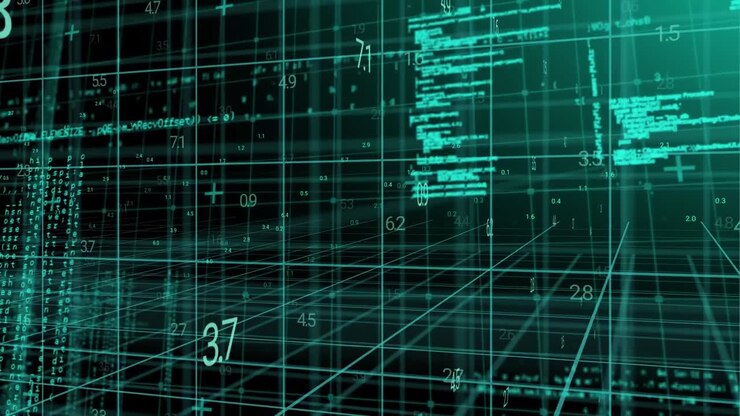 Animatie van lagen van gegevensverwerking en codering die bewegen over een 3D-raster op een zwarte achtergrond