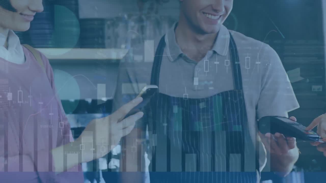 animación de gráficos, amigas caucásicas pagando la factura al barista masculino y usando el teléfono en los cafés