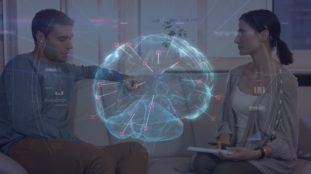 animación del cerebro digital sobre el hombre caucásico consultor psicólogo.