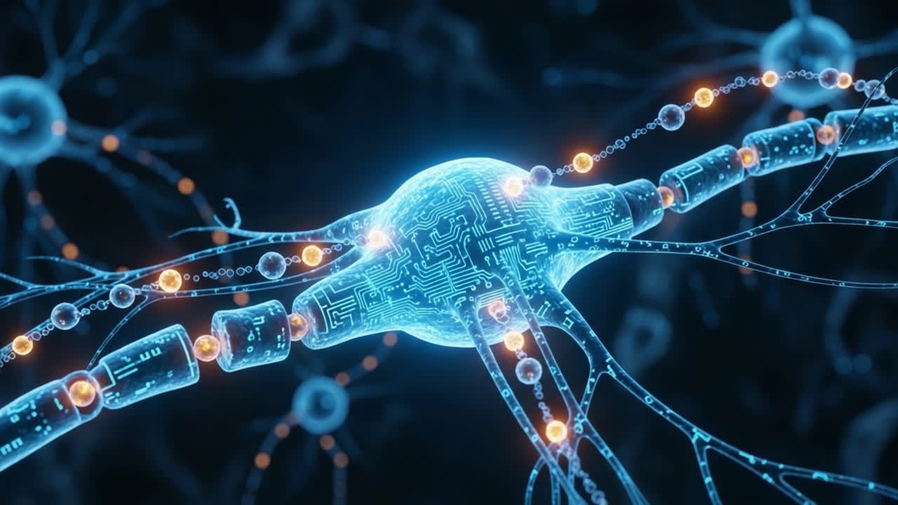 A Stunning Visualization of Neon Glowing Neurons Interconnected with Digital Circuits, Highlighting the Intricacies of Neural Networks and Their Role in Brain Function