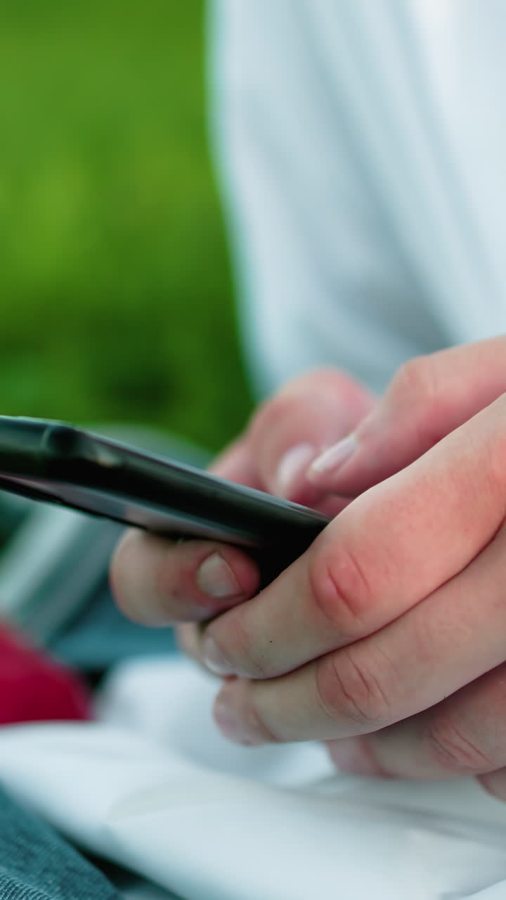 primer plano de la mano sosteniendo el teléfono inteligente y operándolo mientras está sentado en un campo cubierto de hierba, tela roja parcialmente visible al lado de la mano, rodeado de vegetación