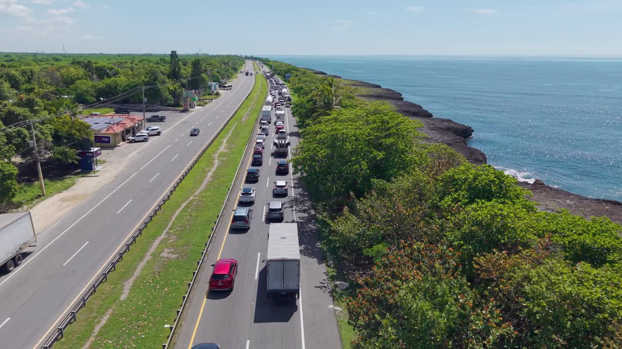 Vehicle Traffic Jam Caused By An Accident On The Las Americas Highway In Dominican Republic - Aerial Drone Shot