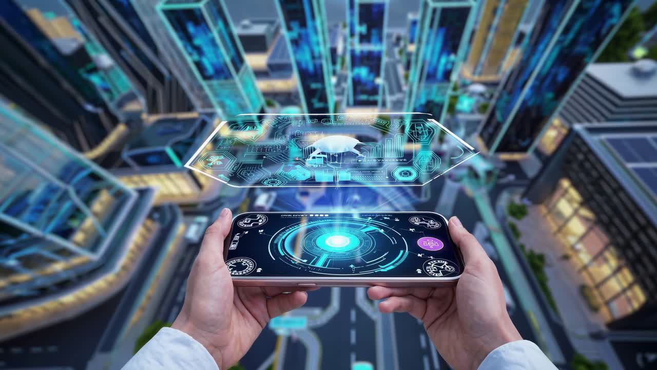 Hands holding a mobile device with holographic overlay of city data
