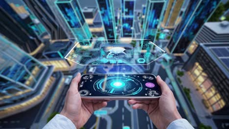 hands holding a mobile device with holographic overlay of city data