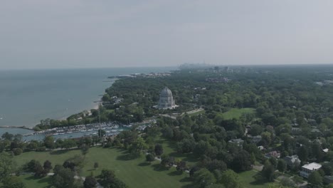 Wide-aerial-footage-of-the-Bahai-Temple-in-Chicago-on-a-hazy-day