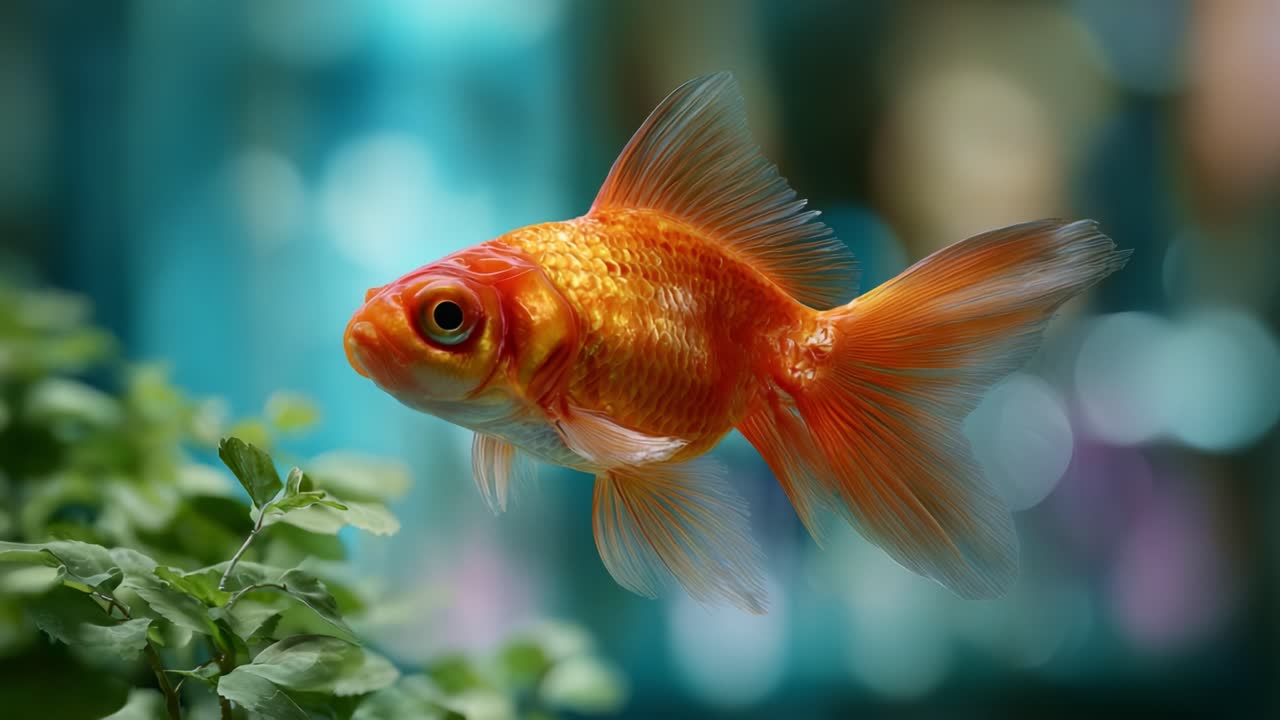 Um peixinho dourado vibrante nadando graciosamente em meio a uma vegetação exuberante, exibindo suas escamas laranja brilhantes e nadadeiras elegantes em um ambiente aquático cristalino