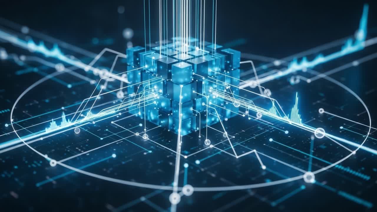 A Stunning Visual Representation of Advanced Data Processing Technologies Illustrated with Geometric Shapes and Dynamic Waveforms in a Digital Environment