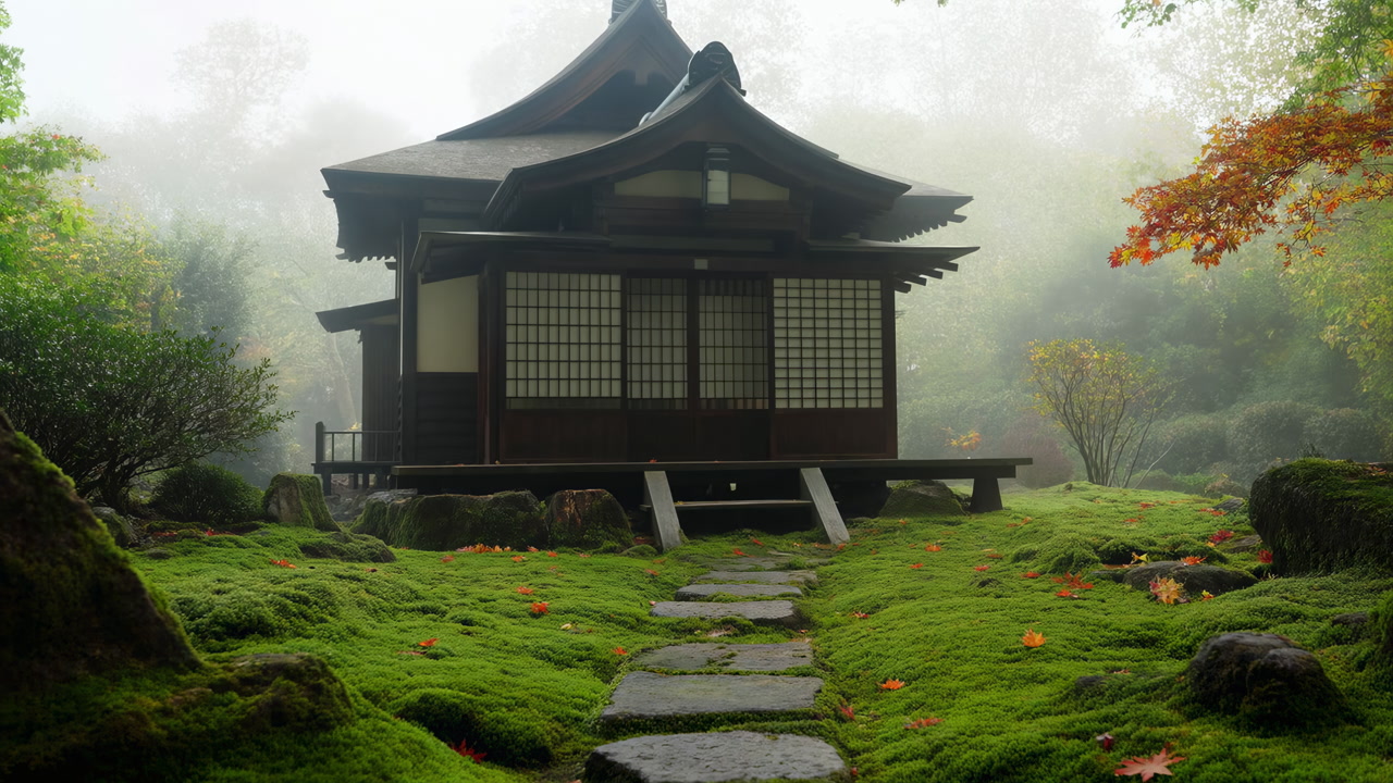 Misty Japanese Pavilion Surrounded By Moss, Stone Path Leading To Shoji Doors, Soft Morning Fog Drifting