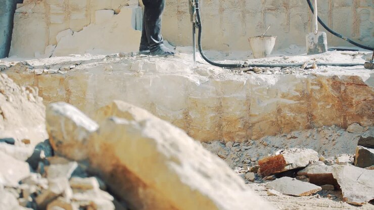 Workers in a stone quarry is drilled block of granite hammers. Pneumatic drill breaking stone