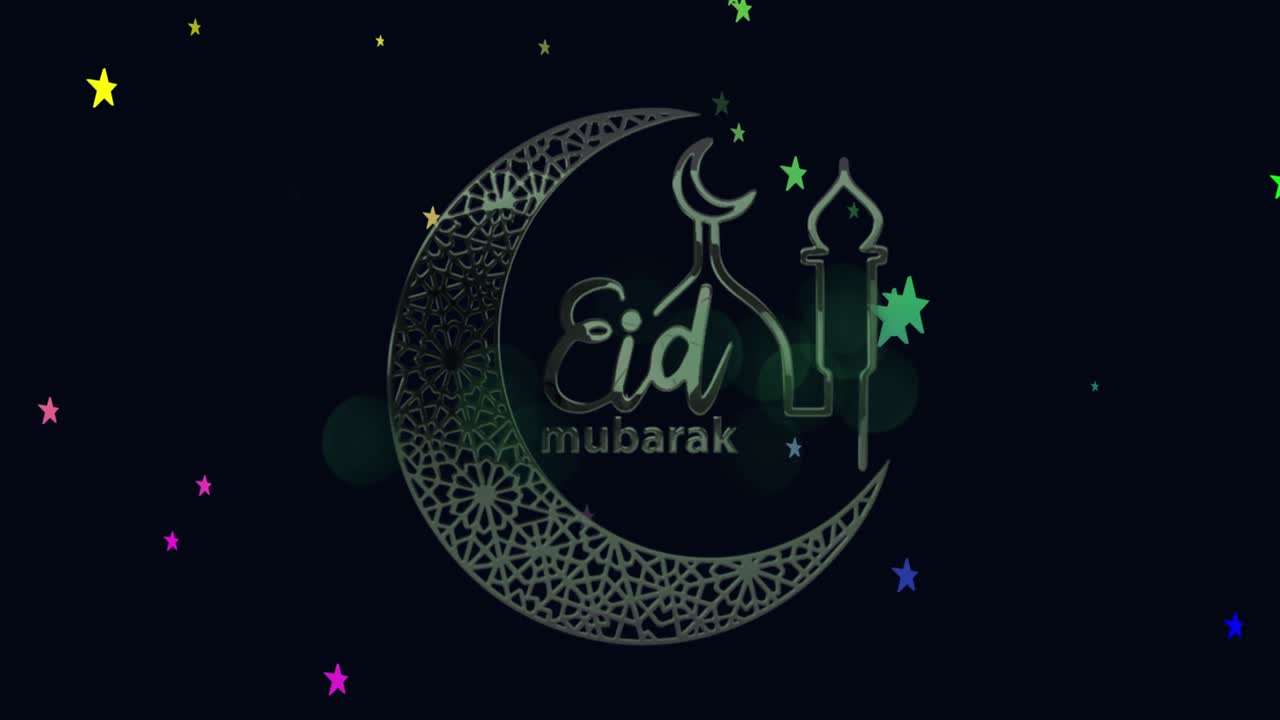 animación del texto de eid mubarak con luna creciente y mezquita con estrellas de fondo