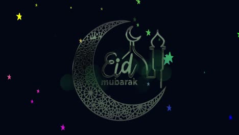 animation of eid mubarak text with crescent moon and mosque with stars background