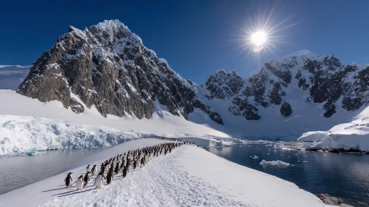 A Majestic Colony of Penguins Marching Along an Icy Trail Under a Bright Sun, Surrounded by Snow-Capped Mountains and an Icy Blue Ocean in a Remote Antarctic Wilderness