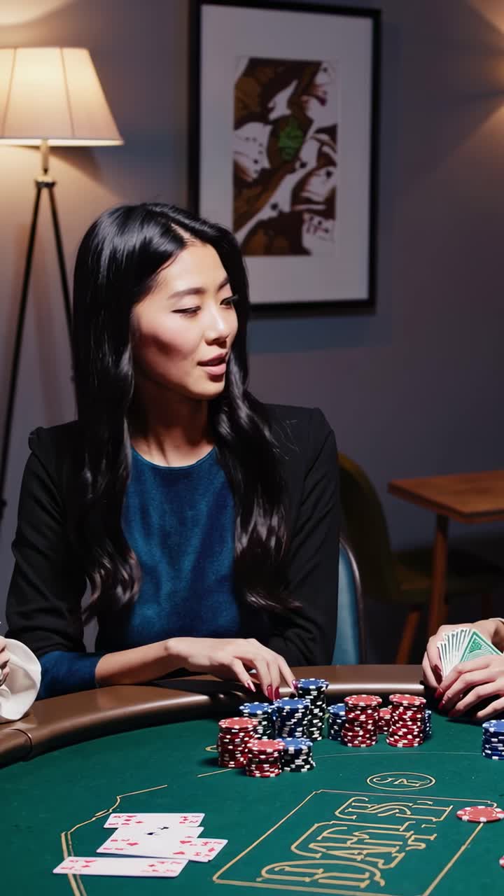 jugador de póquer recibiendo cartas de juego en la mesa del casino, sonriendo con confianza mientras observa a otros jugadores durante el momento intenso del juego