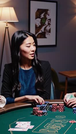 poker player receiving gambling cards at casino table, smiling confidently while observing other players during intense game moment