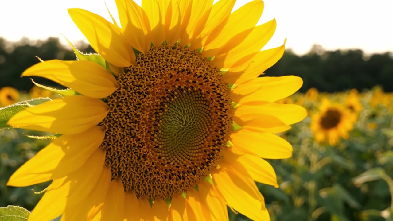 Campo de Girassóis Cativante: Um Vislumbre da Radiância da Natureza com Pétalas Amarelas Vibrantes e Padrões de Sementes Intrincados Sob a Luz Dourada do Sol