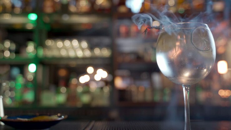 cocktail tonico di vodka agli agrumi che fuma il cursore del rosmarino girato su uno sfondo sfocato della barra