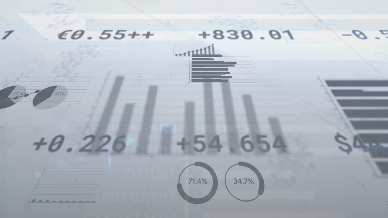 Animation of multiple charts and numbers with currency sign on white background