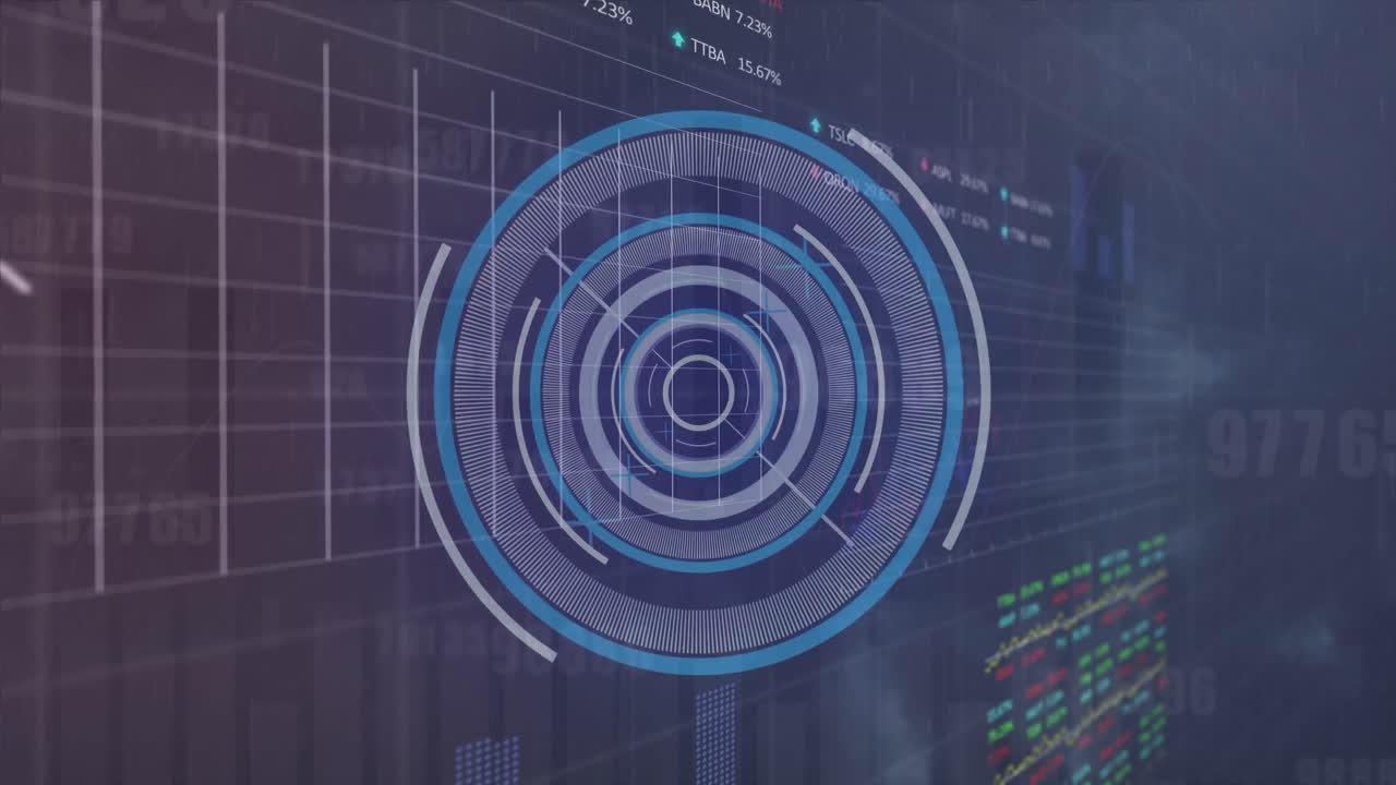animación del escáner redondo y el efecto de la lluvia sobre el procesamiento de datos estadísticos y bursátiles.
