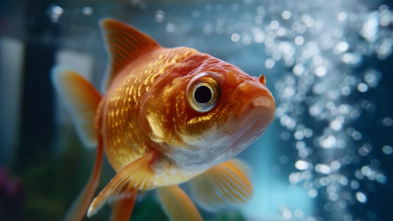 Primi piani di un pesce rosso vibrante sott'acqua, circondato da bolle in un acquario ben illuminato, che ne mettono in risalto le caratteristiche uniche e i colori brillanti