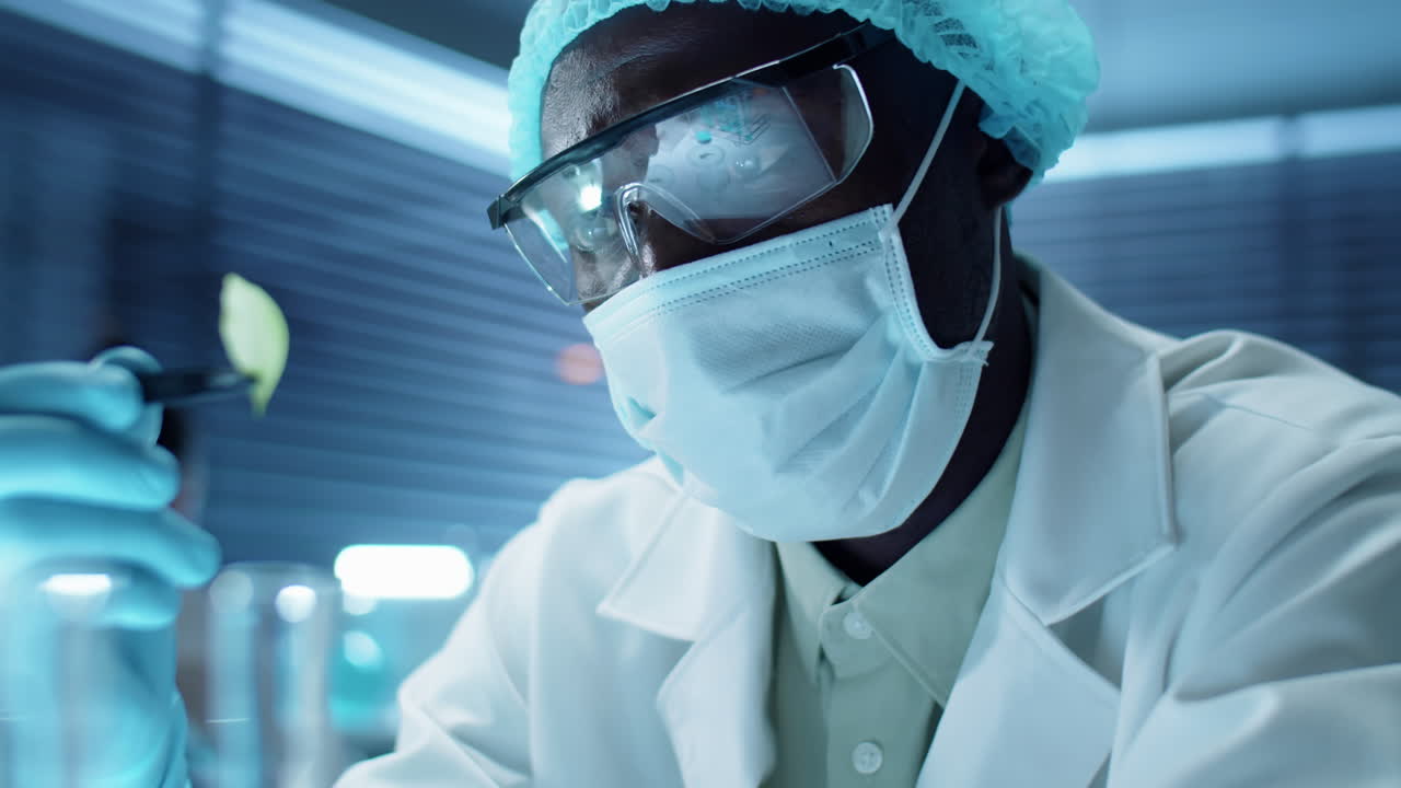 African American Scientist Observing Plant Leaf in Lab