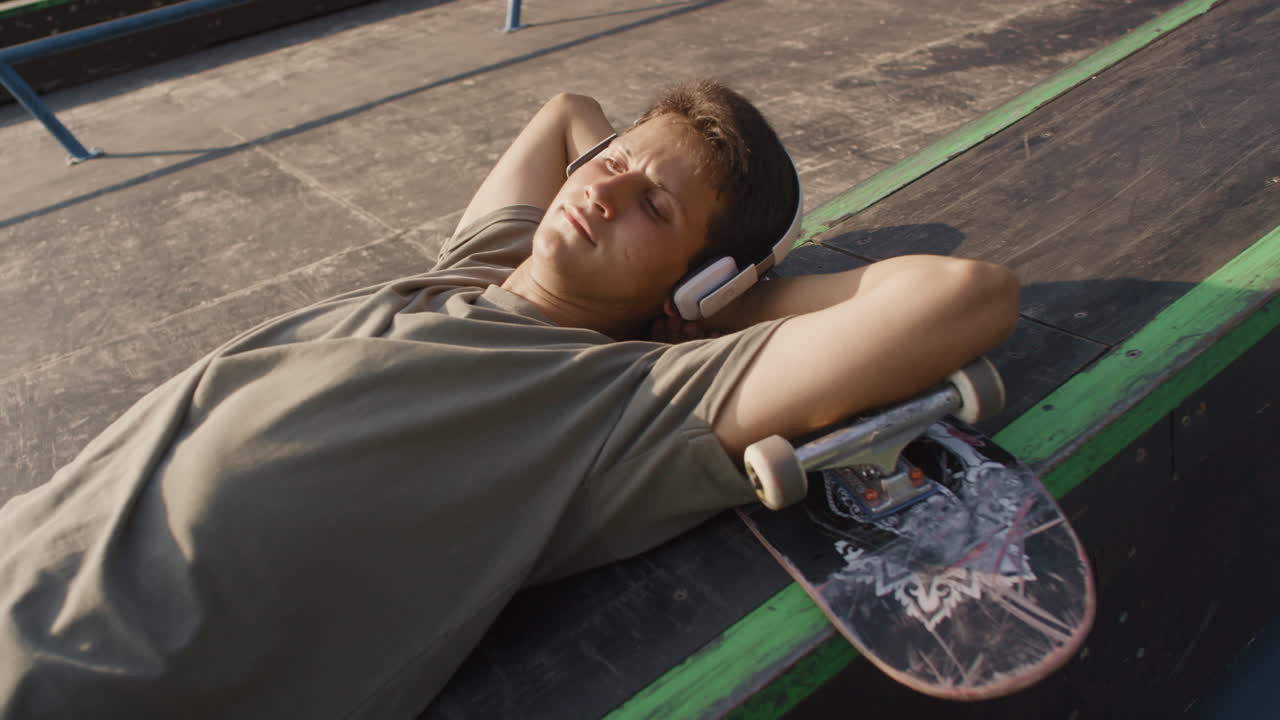 Skater in Headphones Relaxing in Skatepark