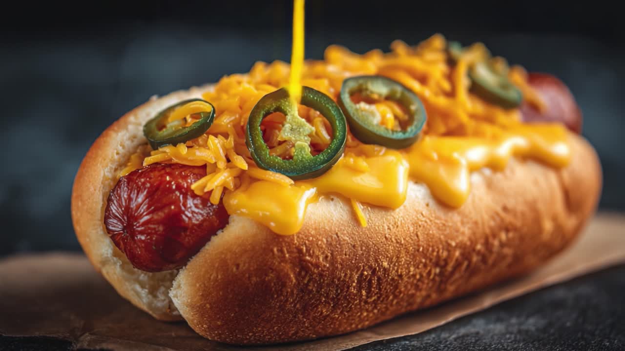 Heerlijke hotdog belegd met cheddar kaas, verse jalapeños en smaakvolle sauzen, druipend van smaak in een close-up presentatie.