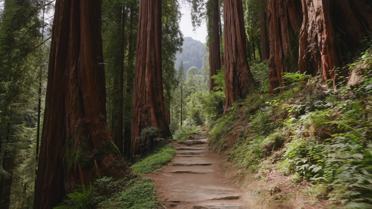 Sentiero che si snoda attraverso un'antica foresta di sequoie