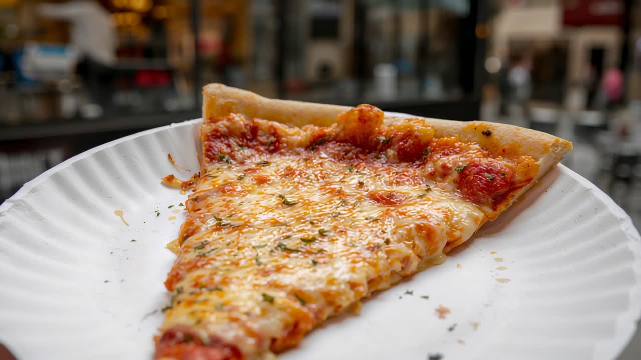 Mano che regge un piatto scanalato e presenta una fetta di pizza al formaggio fuso in un chiosco di strada per l'esposizione