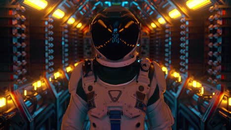 astronaut in a futuristic spaceship corridor