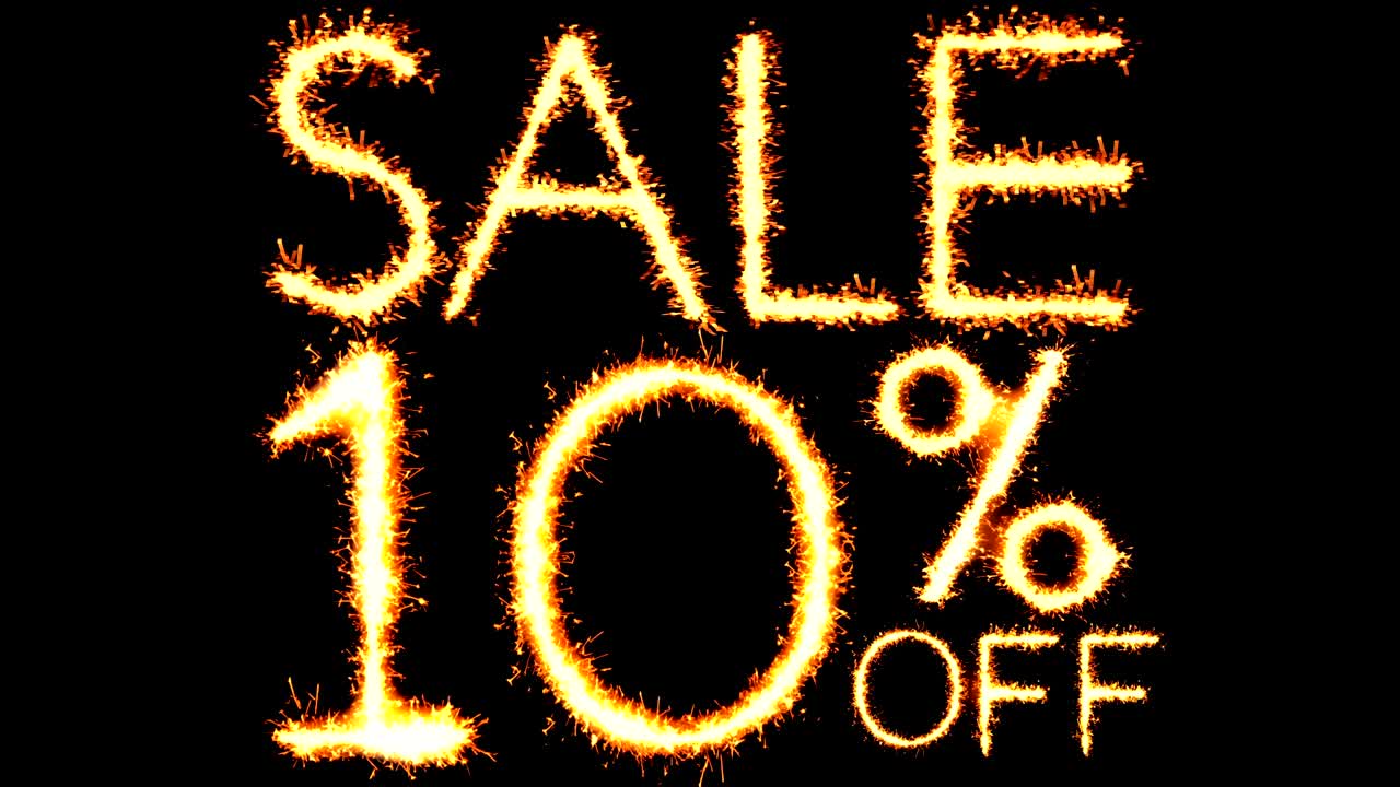 10% de descuento en el texto, brillo, chispas, animación de bucle de fuegos artificiales.