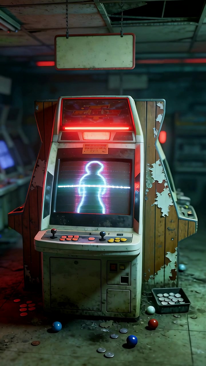 Vertical video: Glowing red light activating arcade cabinet in game room, CRT showing pulsing neon