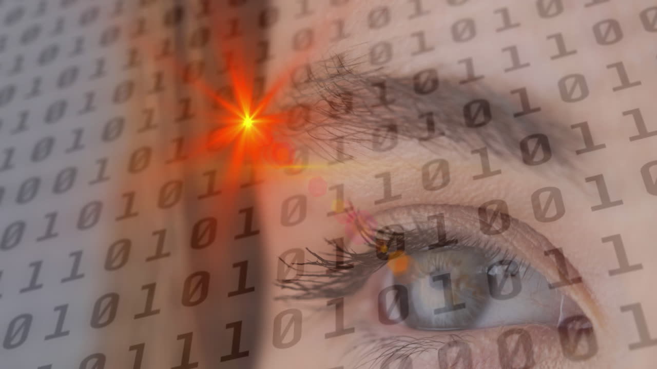 animación de procesamiento de codificación binaria con punto brillante sobre el ojo de la mujer