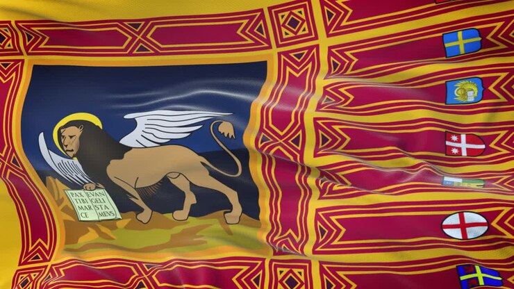 Veneto (Region of Italy) flag waving in the wind with highly detailed fabric texture. Seamless loop