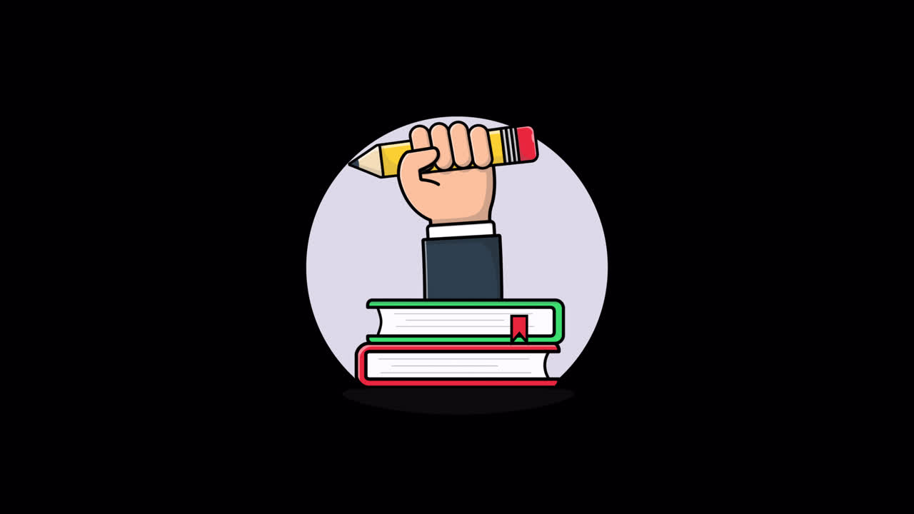 Ilustración animada de una mano sosteniendo un lápiz sobre libros