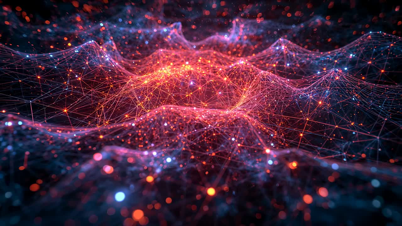 3D network receiving pulse, rippling, tilting in digital void, with glowing nodes and filaments