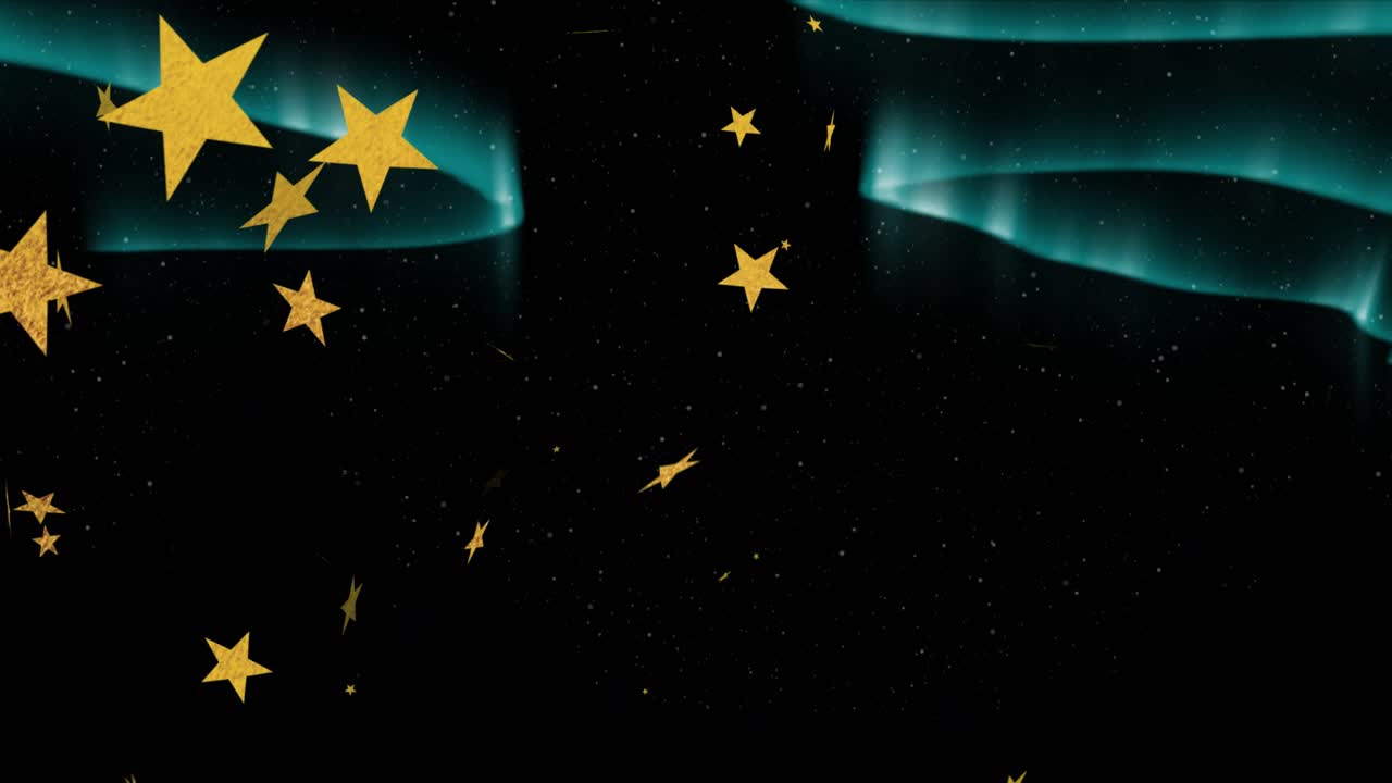 Upon void reveal, golden stars drifting inward, rotating to form vortex, aurora ribbons pulsing