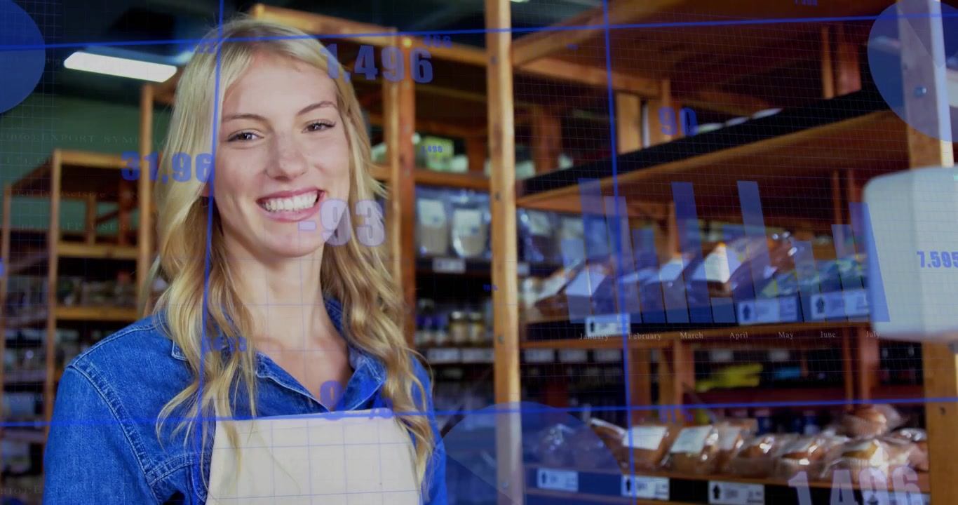 Dipendente di panetteria che risponde al monitor POS mentre sorride, con grafici percentuali animati che tracciano le vendite.