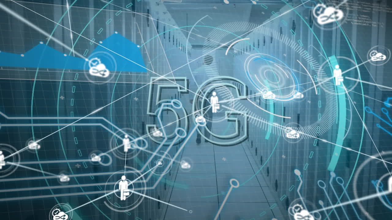 animación de texto 5g, red de conexiones y procesamiento de datos a través de servidores informáticos.