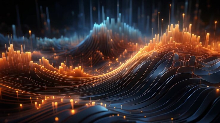 Abstract Digital Data Visualization with Glowing Orange and Blue Waves