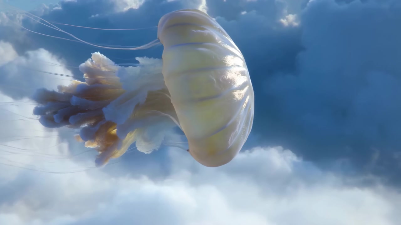 Large translucent jellyfish-like organism drifting through expansive cumulus cloudscape, bell turned three-quarter away from camera, revealing membrane ridges, underside folds, and frilly oral arms