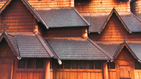 wood roofs and walls of an old wooden stave church in norway