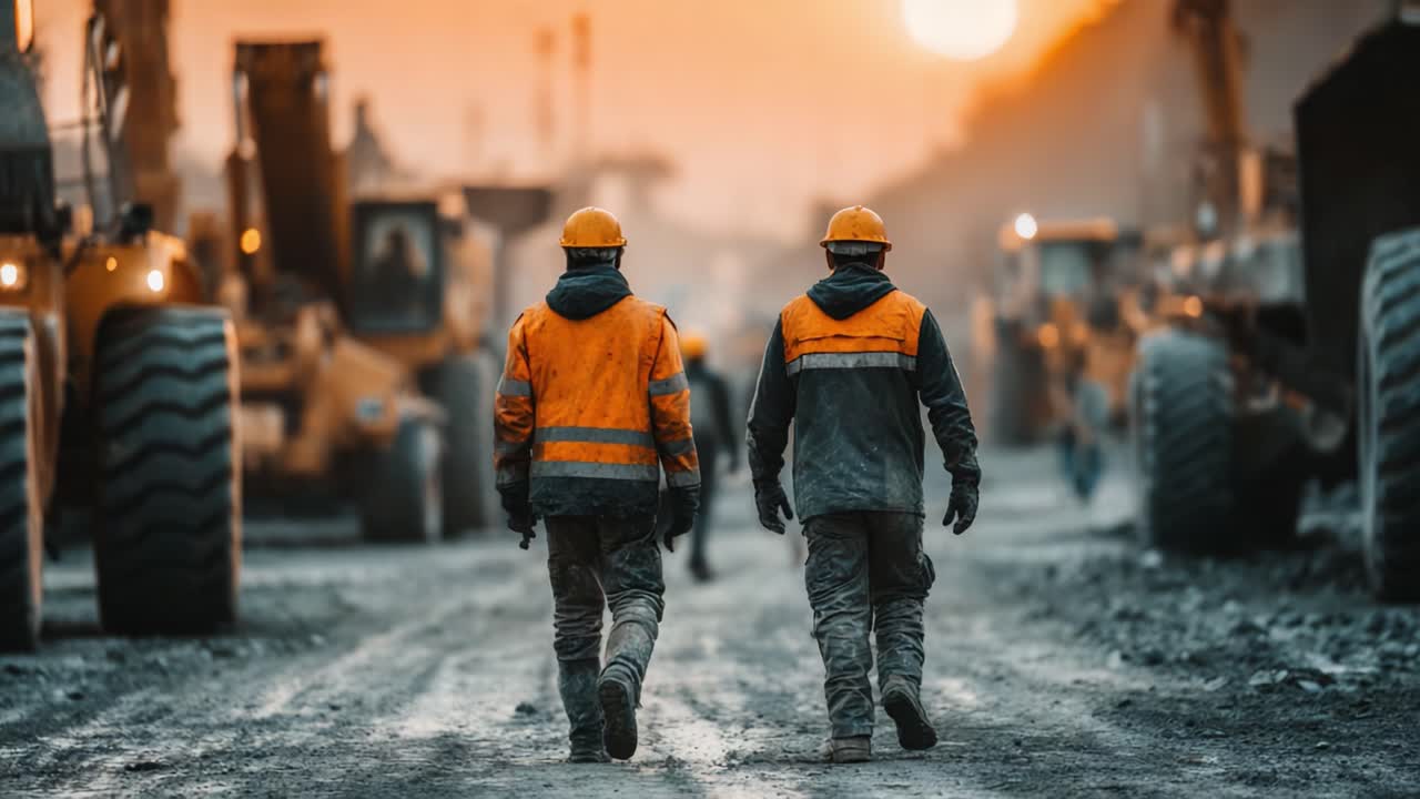 Two construction workers in safety gear walk away from heavy machinery at sunset, embodying the spirit of teamwork and dedication in an industrial setting
