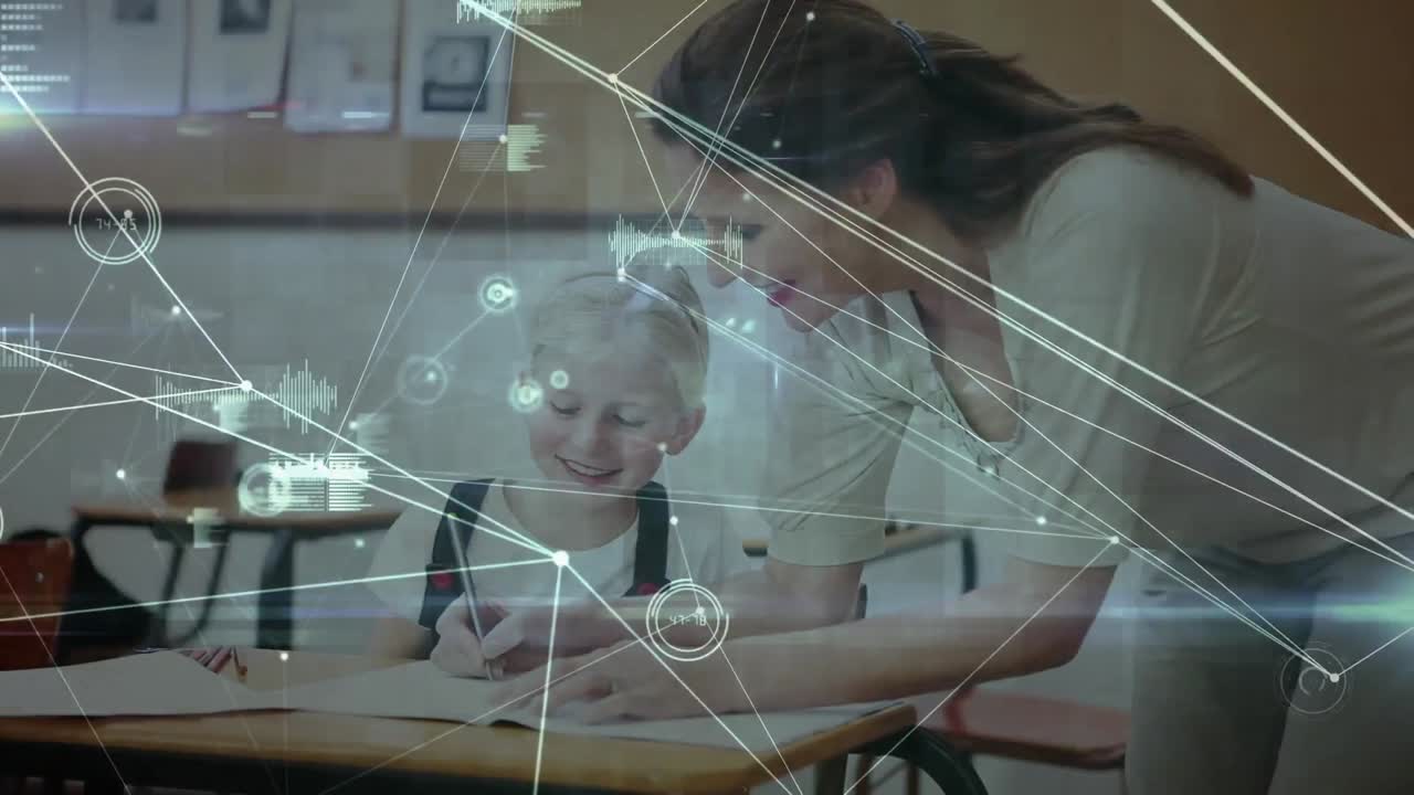 Animation of network of connections over female teacher and schoolgirl writing