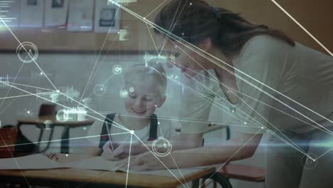 Animation-of-network-of-connections-over-female-teacher-and-schoolgirl-writing