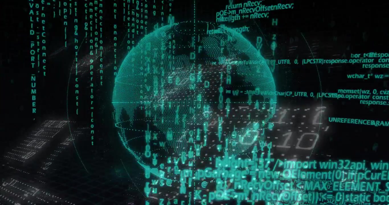 Emerging holographic globe rotating while streaming code and forming rings showing data flow